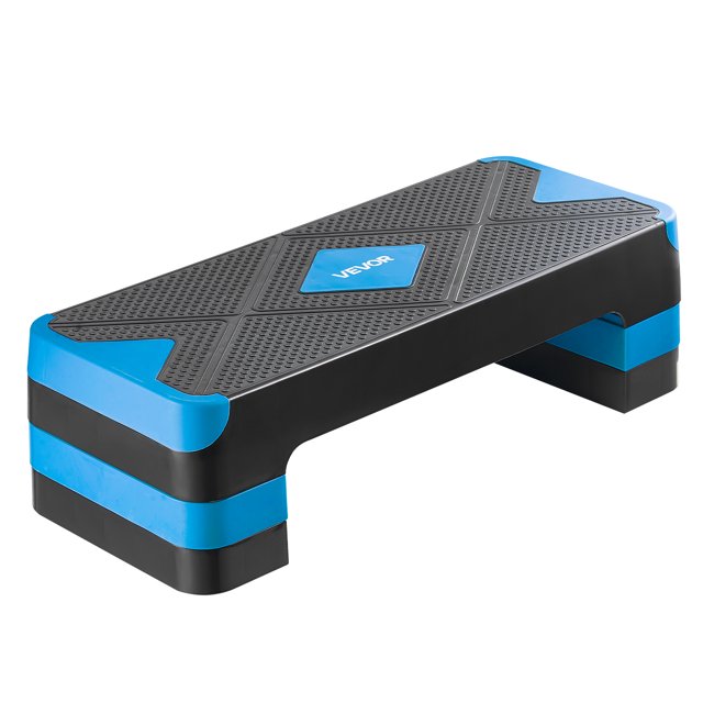 VEVOR Aerobic Exercise Step Platform for aerobic fitness, featuring height-adjustable risers and a durable black and blue design with a textured non-slip surface. Made from reinforced PP material, it supports up to 550 lbs and offers 3 height levels: 4 in, 6 in, and 8 in. Suitable for workouts, rehabilitation, or accessibility use.
