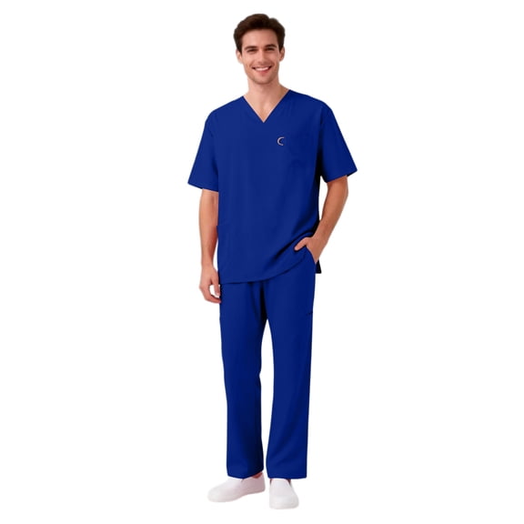 Scrubs Set for Men Classic V-Neck Stretch Top & Jogger Pants Drawstring Waistband, 6 Pockets