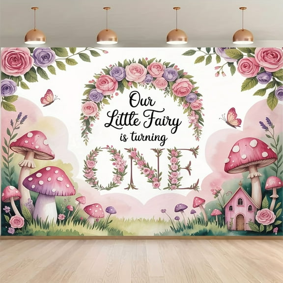Dreamy Fairy 1st Birthday Backdrop for Girl Our Little Fairy is Turning ONE Photography Background Watercolor Purple Pink Floral Mushroom First Birthday Party Decorations Banner Photo Booth Props