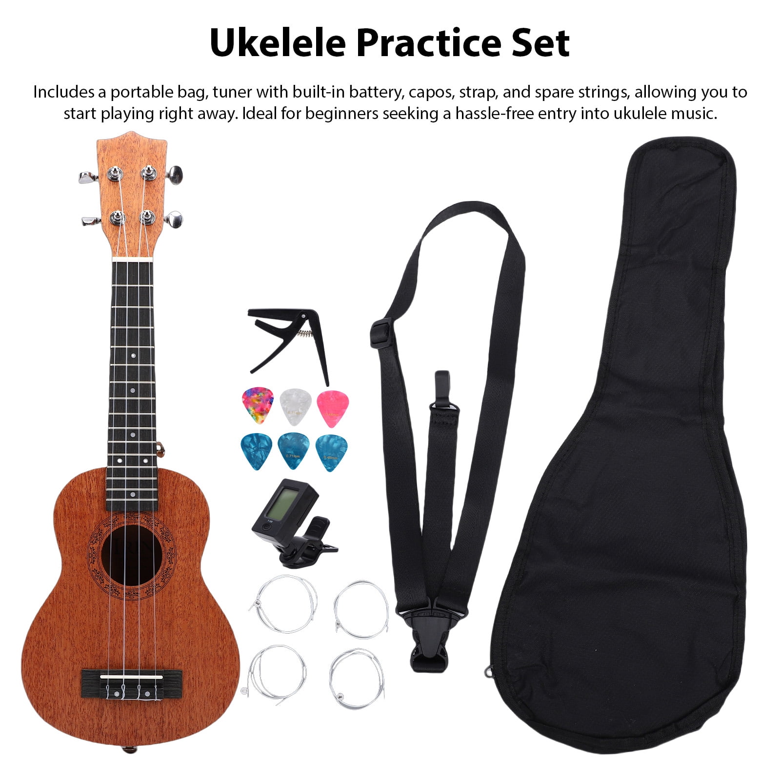 Portable Ukelele Practice Set Kit Ukulele 21 Inch Peach Core Wood 4 String Beginner Kit with Tuner Strap Capos Picks Portable Bag Ukelele Practice for Adults Kids