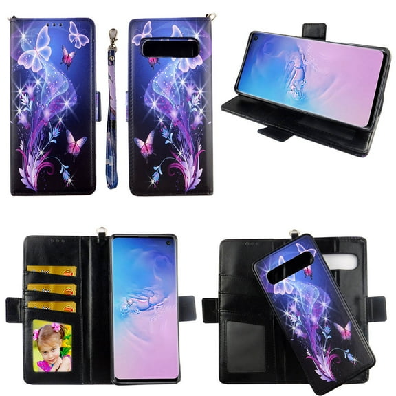 Galaxy Butterfly Case for Samsung Galaxy S10 5G (6.7'') Magnetic Detachable Pu Leather Wallet Cover with Flap Closure and Snap-on Book Style Cases with Card Holders Wrist Strap 2 in 1 Folio Flip