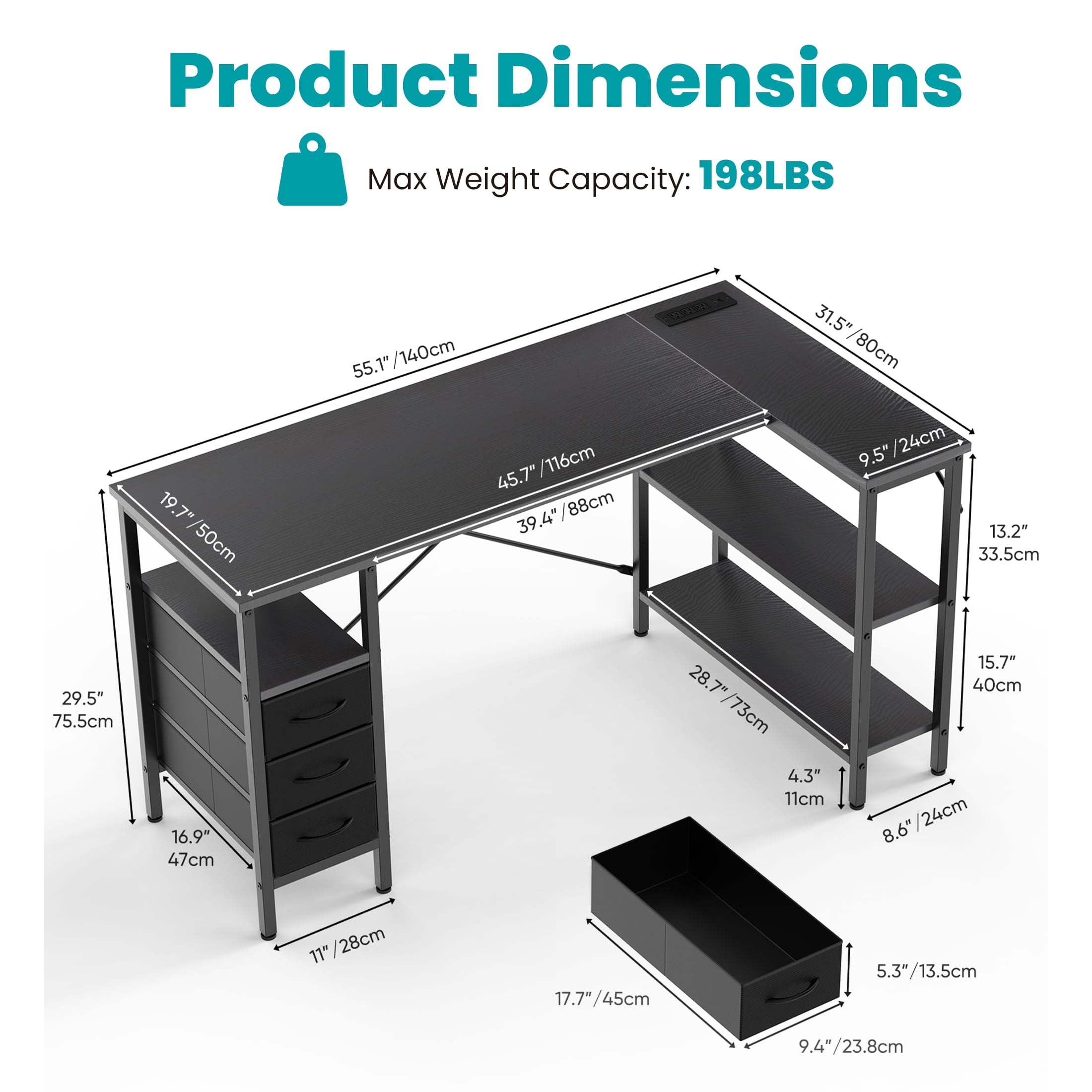 edx 55 Inch L Shaped Desk with Power Outlets, Computer Desk with 3 Drawers, Shelves, Monitor Stand, Corner Work, Rustic Brown