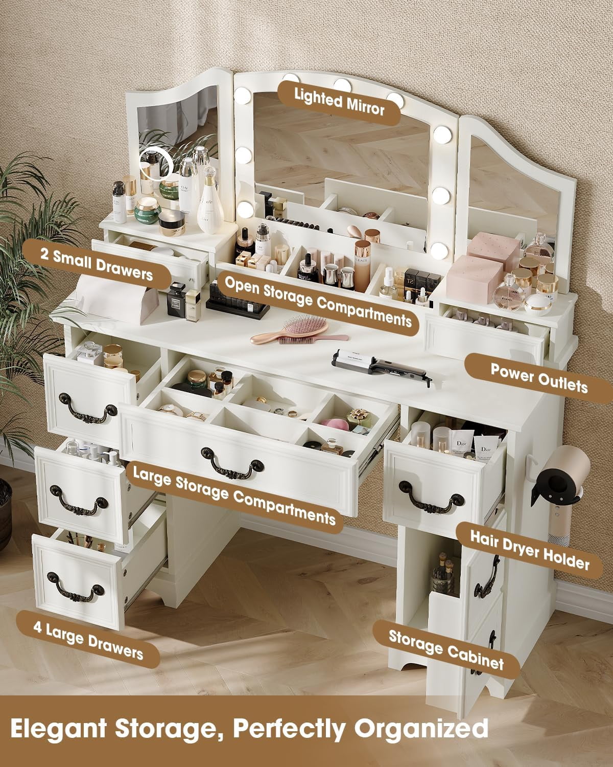 LAZZO Vanity Desk with Mirror & Lights, Makeup Vanity with Drawers, Power Outlets & Magnifying Mirror, White