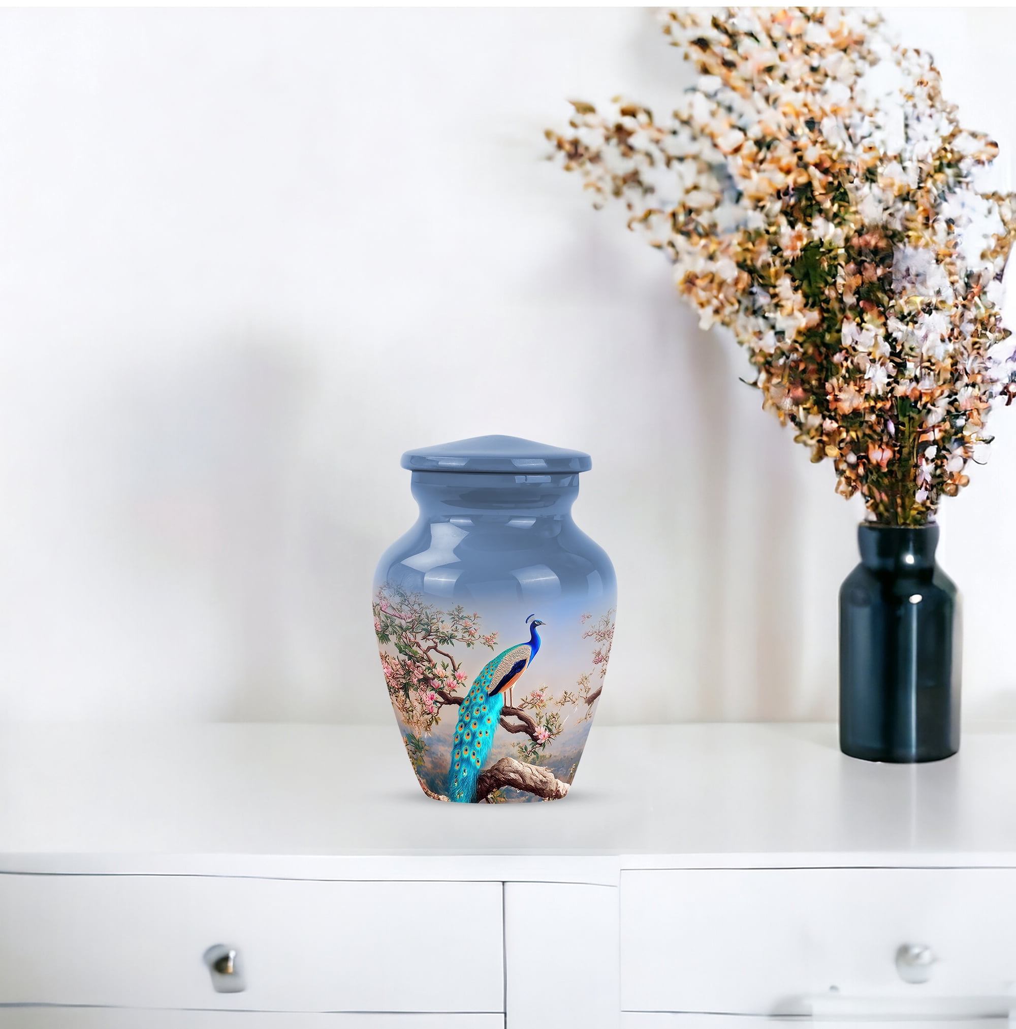 MUKTIVE Peacock Burial Pink Flowers Urns for Human Ashes Adult Female & Male, Father Cremation Urns for Funeral Ashes, Mini Keepsake Ashes Holder Memorial Gift, 3 Inch