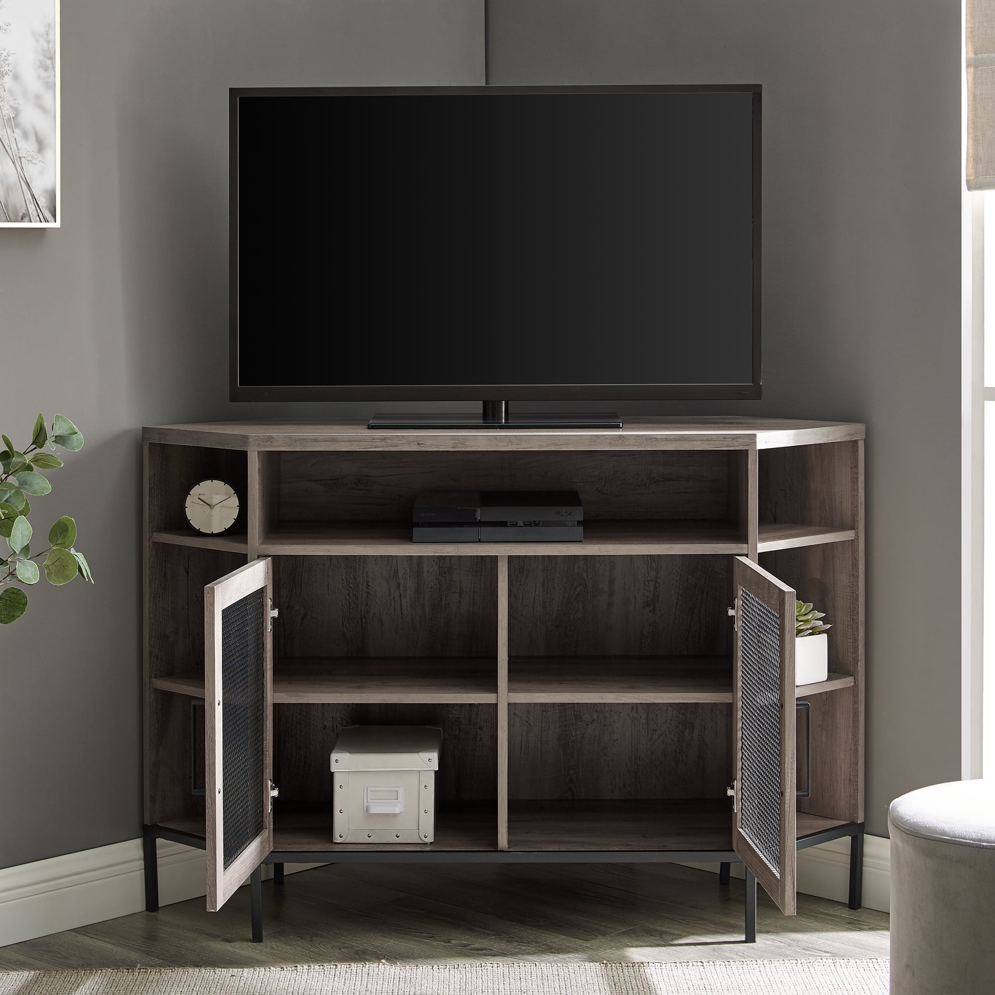 Manor Park Industrial Corner TV Stand For TVs up to 52," Grey Wash