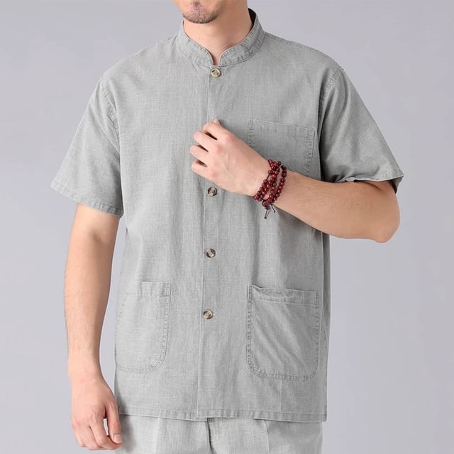 pstuiky Camisas casuales de manga corta para hombre, Camisas casuales de color sólido para hombre, con botones sueltos, múltiples bolsillos, manga corta y cuello alto camisas casuales para hombre xxl