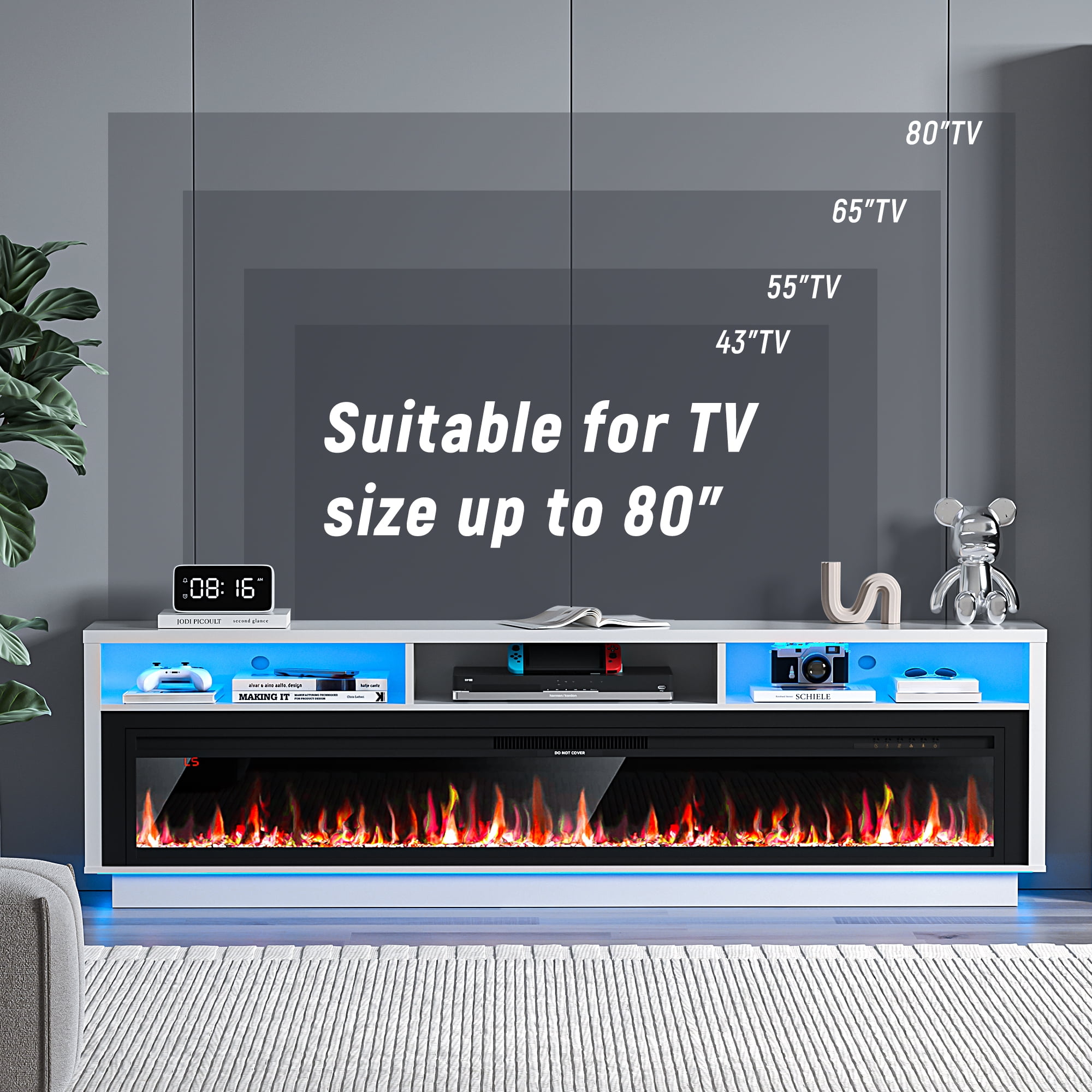 HARIPUL 70" Fireplace TV Stand for TVs Up to 80" with 64" Electric Fireplace, TV Console for The Living Room, LED Light Entertainment Center, Storage Cabinet, Media Console Table, White