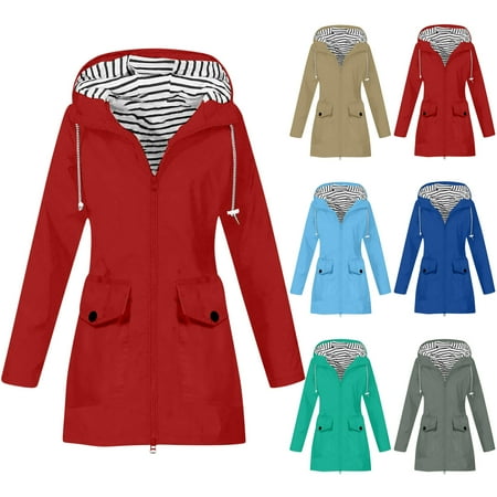 CFLVAEK Women s Long Rain Jacket Lightweight Adjustable Outdoor Waterproof Windbreaker Outdoor Hooded Raincoat with Pockets Light Blue L