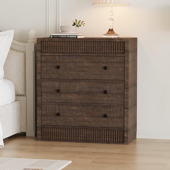 3 Drawer Dresser for Bedroom, 31.5" Wide Fluted Chest of Drawers, Modern Wooden Nightstand Storage Cabinet for Kids Room, Hallway, Living Room, Walnut