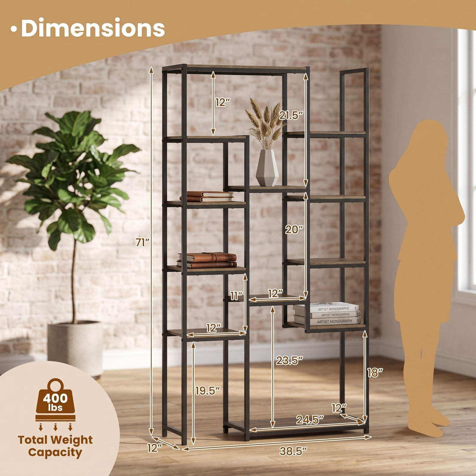 Furnibear 71 Inch Tall Vintage Geometric Bookshelf, 12 Open Shelves Freestanding Bookcase, Industrial Wood and Metal Display Storage Rack with Anti-Tipping Kit, Walnut