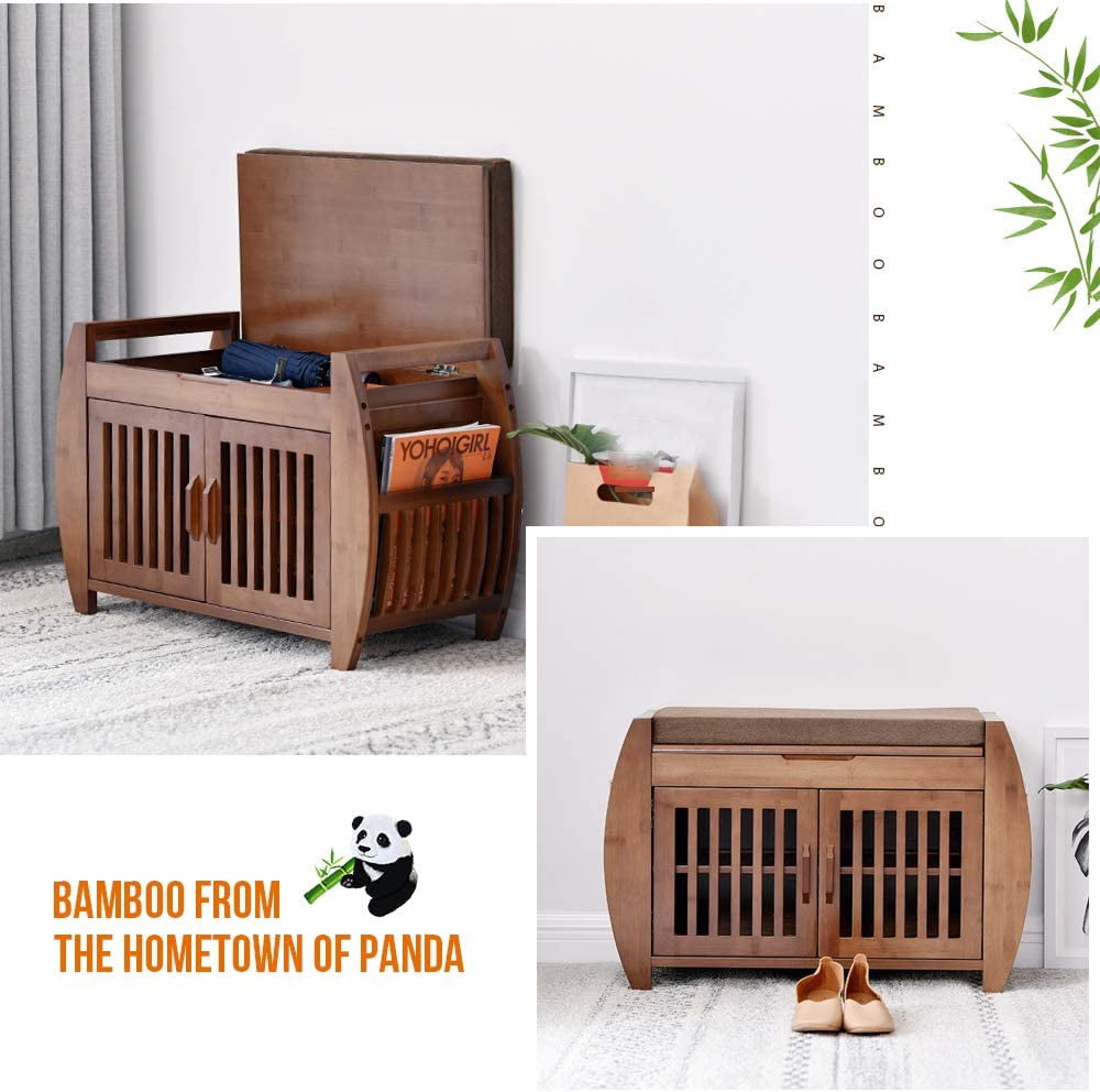PULUOMIS Shoe Storage Bench & Bamboo Shoe Bench & Shoe Rack Cabinet Storage Benches, Entryway Storage Organizer for Style & Comfort, Detachable Cushion with Hidden Storage Compartment
