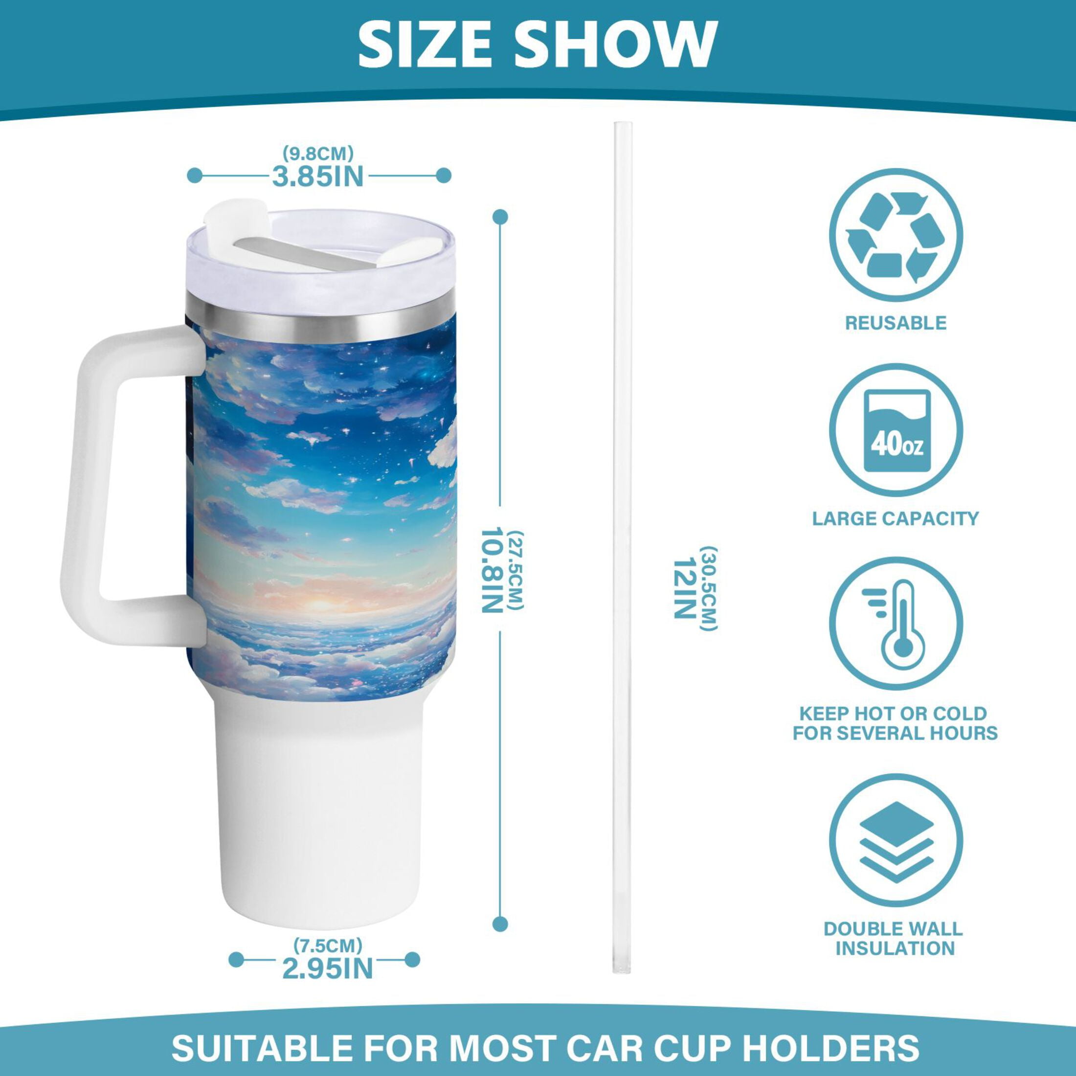40 oz Tumbler with Handle and Straw Lid Cute Blue Mouse in Sky Insulated Vacuum Water Bottle Stainless Steel Travel Cup