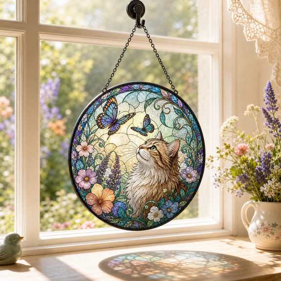 Cat Stained Glass Suncatcher Window Hanging, Butterfly Cat Lover Gift