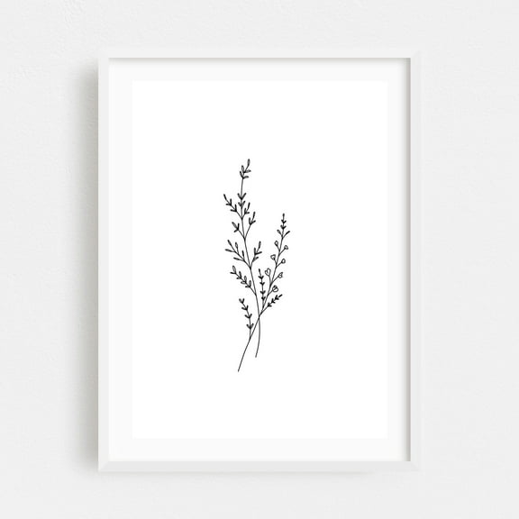 Wildflower Branch - Illustration Line Art Minimalist Black and White Botanical Floral Nature Abstract White Framed Wall Art Print 12 x 18 inches