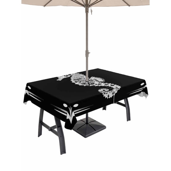 Outdoor Tablecloth with Umbrella Hole for Patio/Picnic/Party/Camping, Coastal Seahorse Waterproof Table Cloth Rectangle Table Cover Washable, Summer Ocean Chic Textured Black (54"x 80")