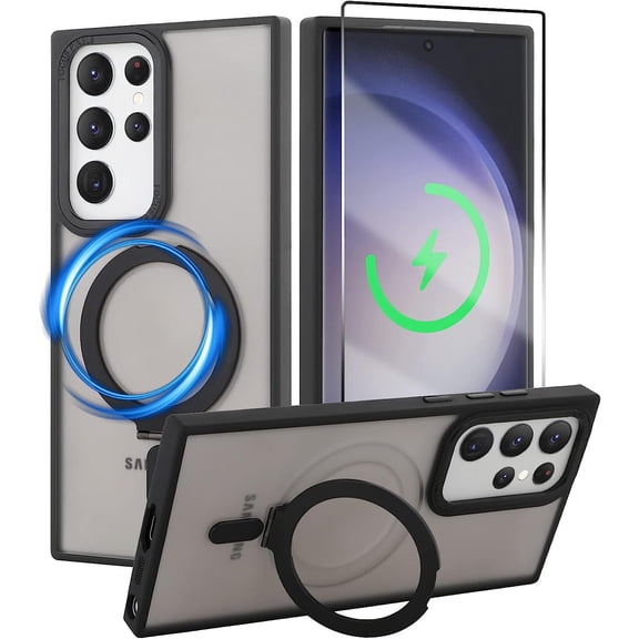 for Samsung Galaxy S23 Ultra Case with Magnetic Invisible Stand Compatible with MagSafe Strap Grip Holder Translucent Back Magnetic Case Shockproof Reinforced  Drop Protection Case