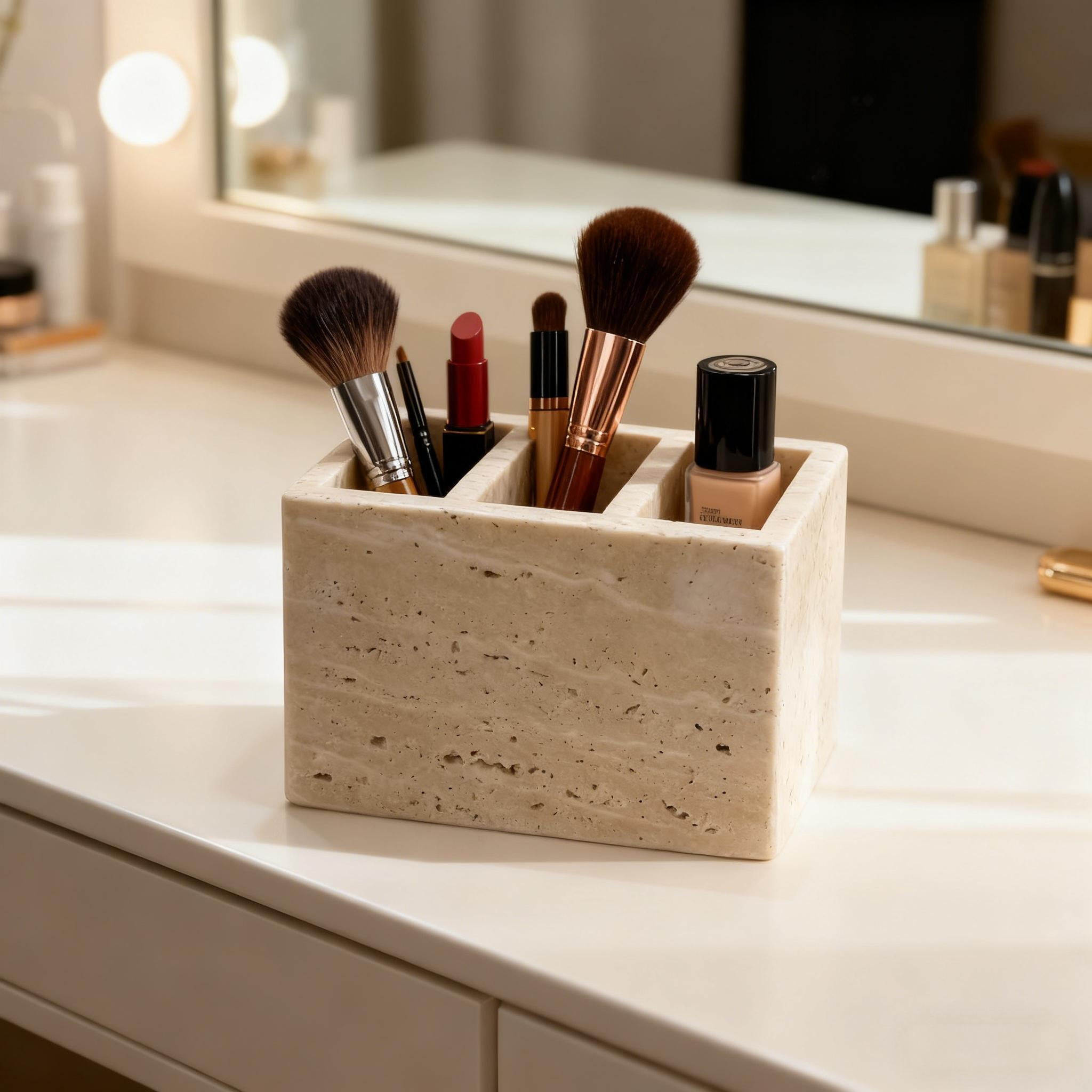 Natural Travertine Marble Organizer - Multi-Purpose Pencil Pen Holder, Bathroom Makeup Brush Storage, Office Desktop Stationary Caddy
