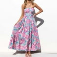 thumbnail image 2 of Women Summer Sexy Strapless Off Shoulder Maxi Long Swing Dress Boho Floral Print Shirred Smocked Belted A-Line Sundress, 2 of 21