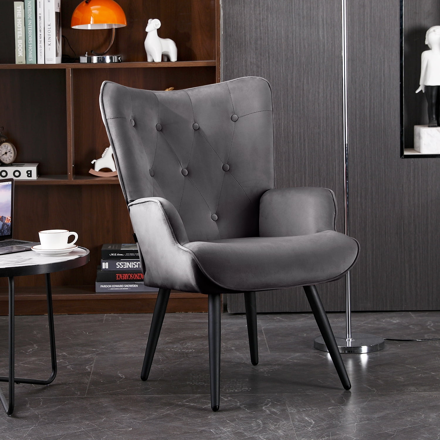 Dark grey Velvet Accent Chair Mid Century Modern Living Room Chairs