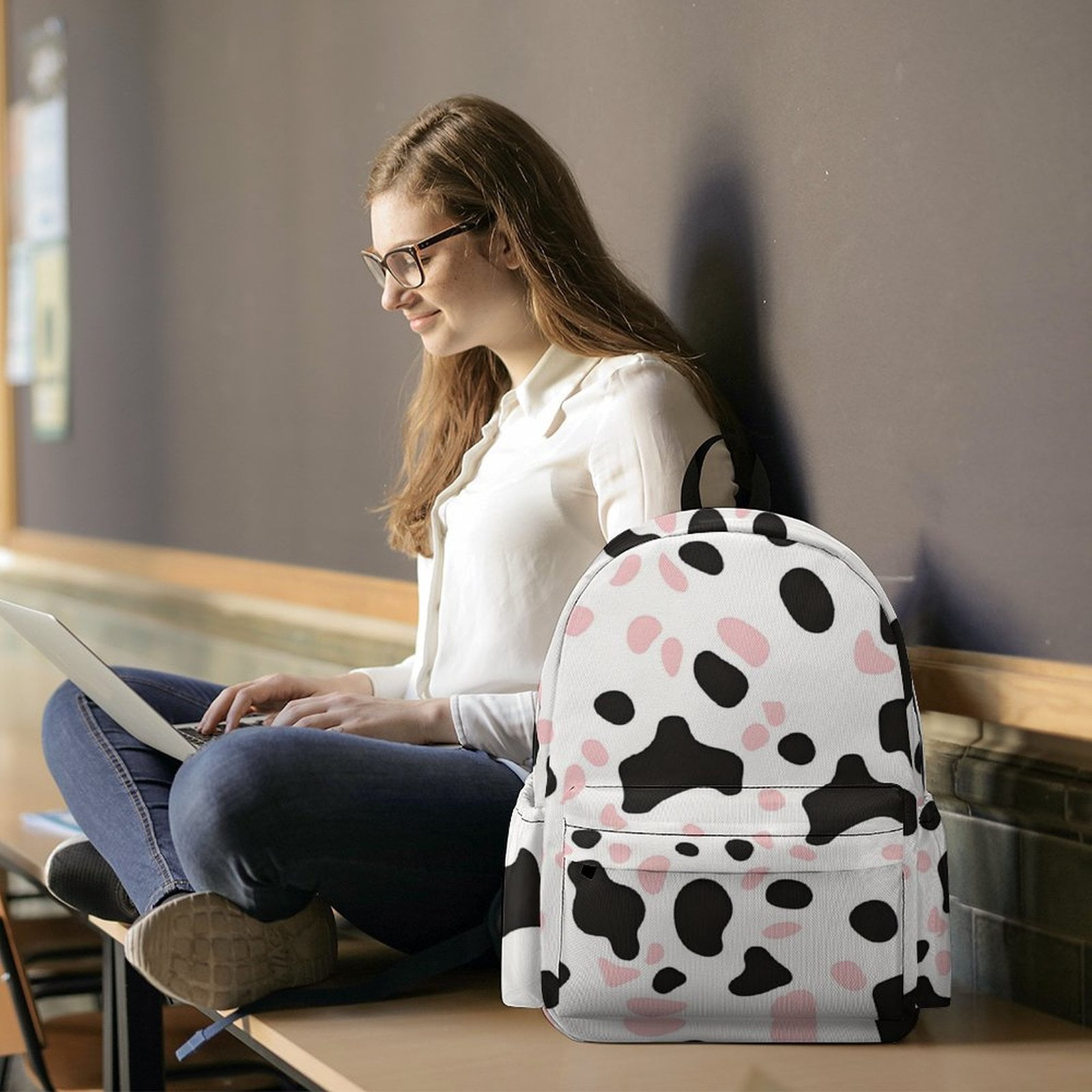 Large Capacity Half Print Backpack 11.8×16.5×5.9in Multifunctional Zipper Design Convenient Switch Simple Cow Print Pattern White Background, Pink And White_1