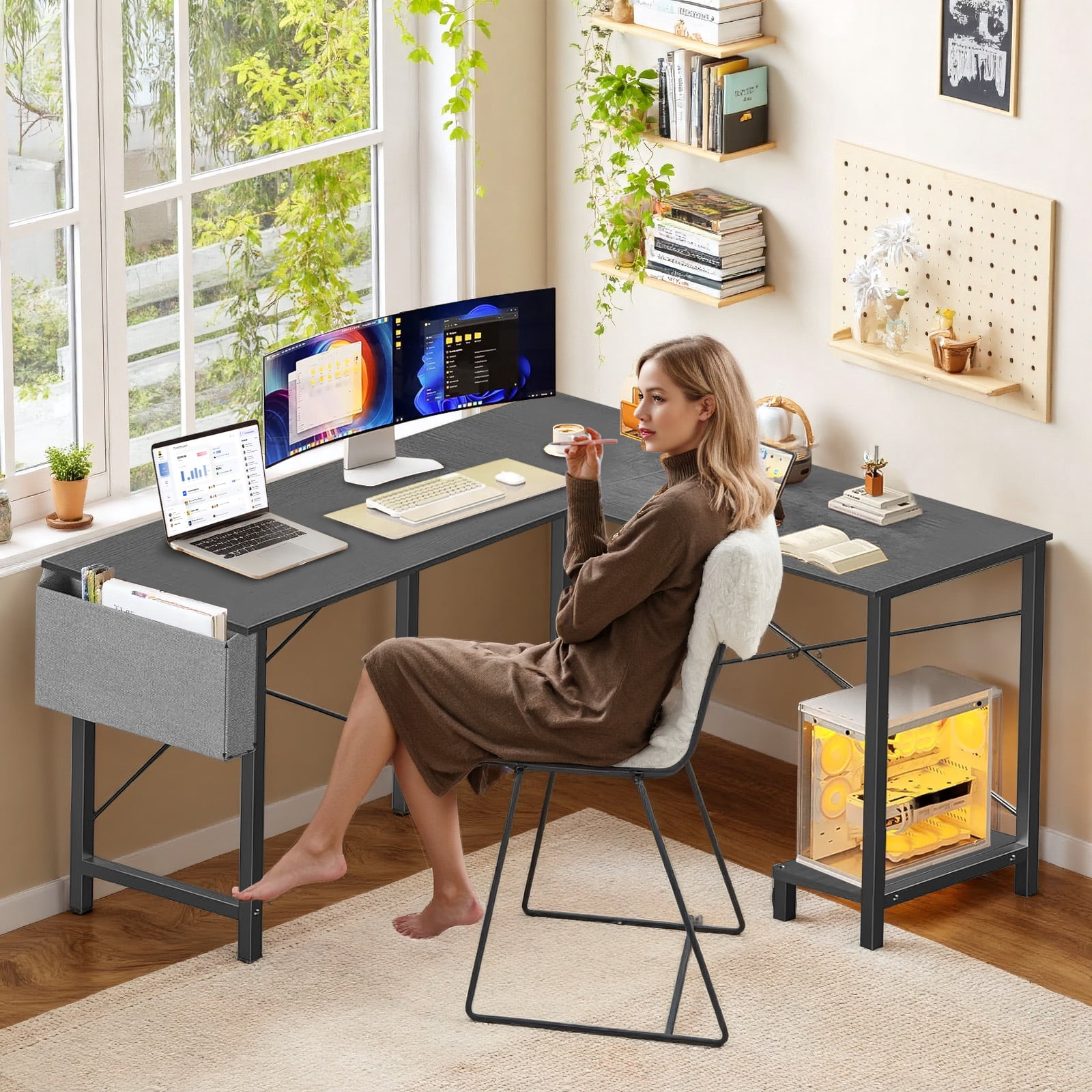 Sybels 50-inch L-Shaped Gaming Computer Desk with CPU Stand & Side Bag, Corner PC Workstation for Home Office, Small Space Saver,Black