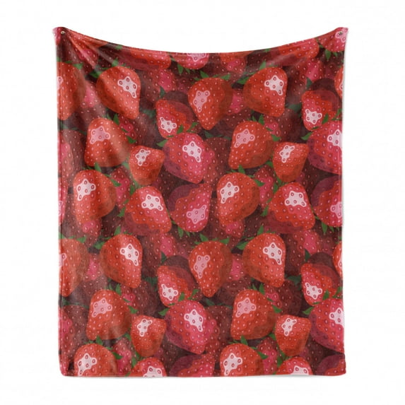 Summer Soft Flannel Fleece Throw Blanket, Fruit Theme Illustration Strawberries Pattern Vibrant Ripe Juicy Organic Food, Cozy Plush for Indoor and Outdoor Use, 60" x 80", Jade Green Red, by Ambesonne