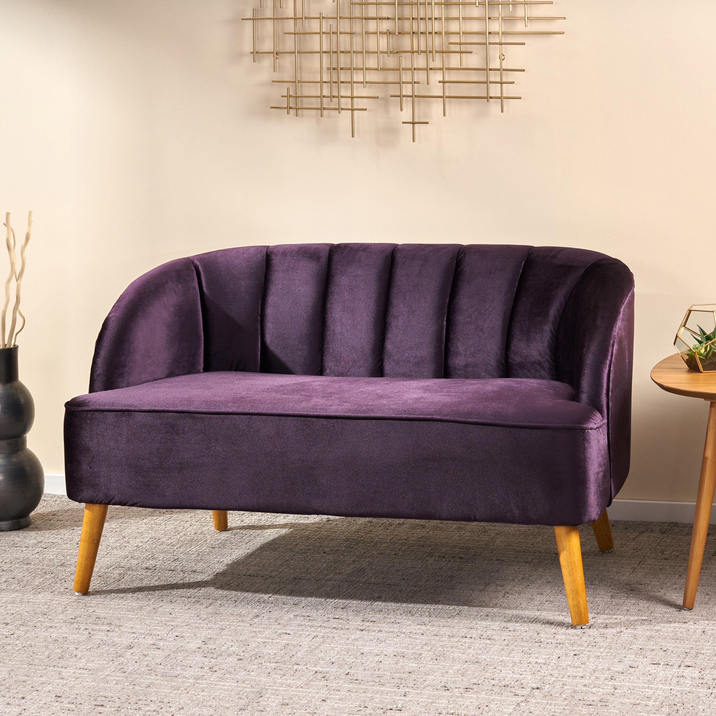 Noble House Albert Modern Upholstered Velvet Loveseat, Blackberry