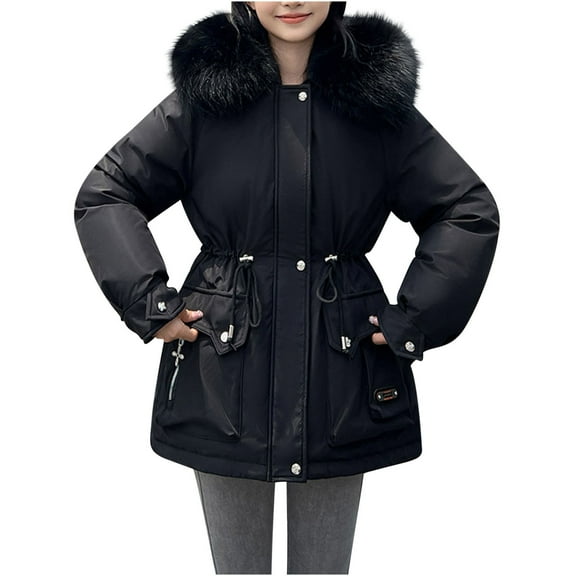Hvyesh Women's Faux Fur Hood Parka Jacket Trendy Zipper Drawstring Winter Coat Casual Solid Outwear Jacket Soft Thicken Warm Snow Coat