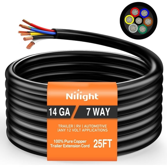 Nilight 25 Feet 7 Way Trailer Extension Cable RV Standard Wire 14 Gauge 7 Conductor 100% Pure Copper Insulated Heavy Duty Cord Weatherproof for 7 Pin Blade Truck Camper RV Automotive