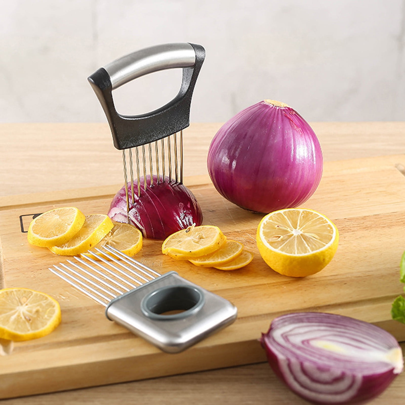 2Pcs Onion Holder Slicer, Stainless Steel Tomato Lemon Potato Vegetable  Holder Slicer Cutter Tool for Kitchen Worker Slicing