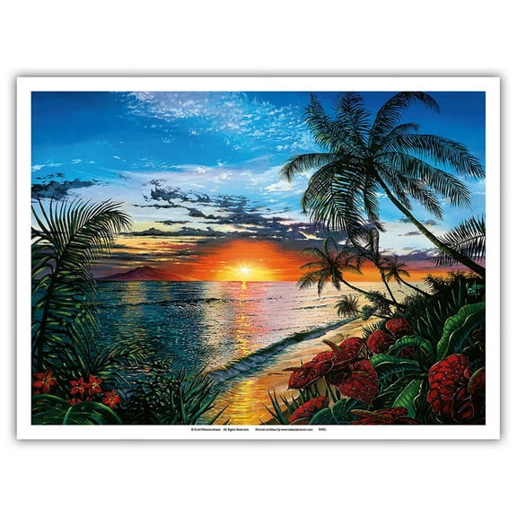 Sunset Serenade - Hawaiian Paradise Ocean View - From an Original Color Painting by Scott Westmoreland - Master Art Print (Unframed) 9in x 12in