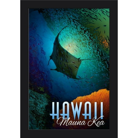 Mauna, Hawaii - Ray in Sea of Fish - Lantern Press Photography (12x18 Giclee Art Print, Gallery Framed, Black Wood)