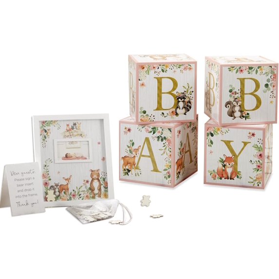 Kate Aspen Woodland Baby Shower Pink Guest Book Frame Alternative with 30 Wooden Bear, Baby Boxes with Letters, Sign in Decorations for Baby Shower Party