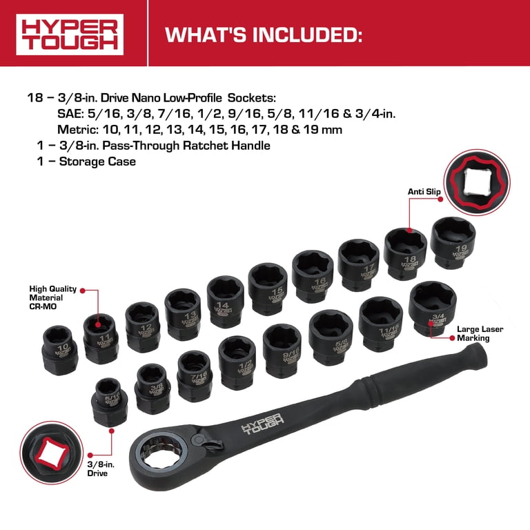 Hyper Tough 19-Piece 3/8-Inch Drive Nano Low-Profile Socket Set