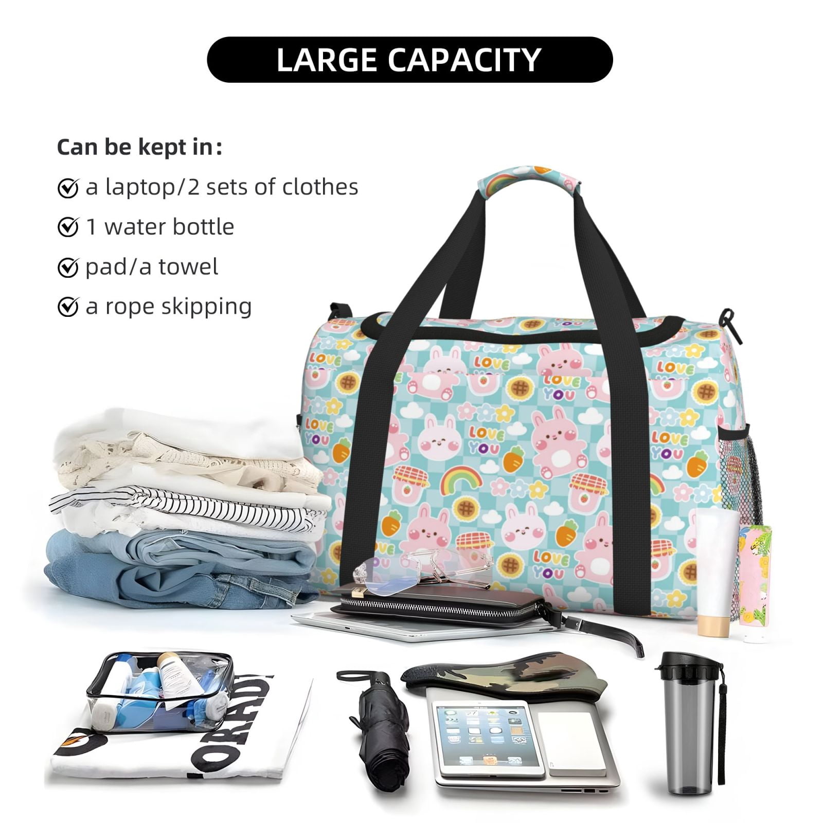 Fuzoiu Love You Rabbit Print Travel Duffle Bag,Carry On Tote Bags,Duffel Bag,Sport Gym Bag, Hospital Bag for Labor and Delivery, Overnight Bag,Luggage Bag