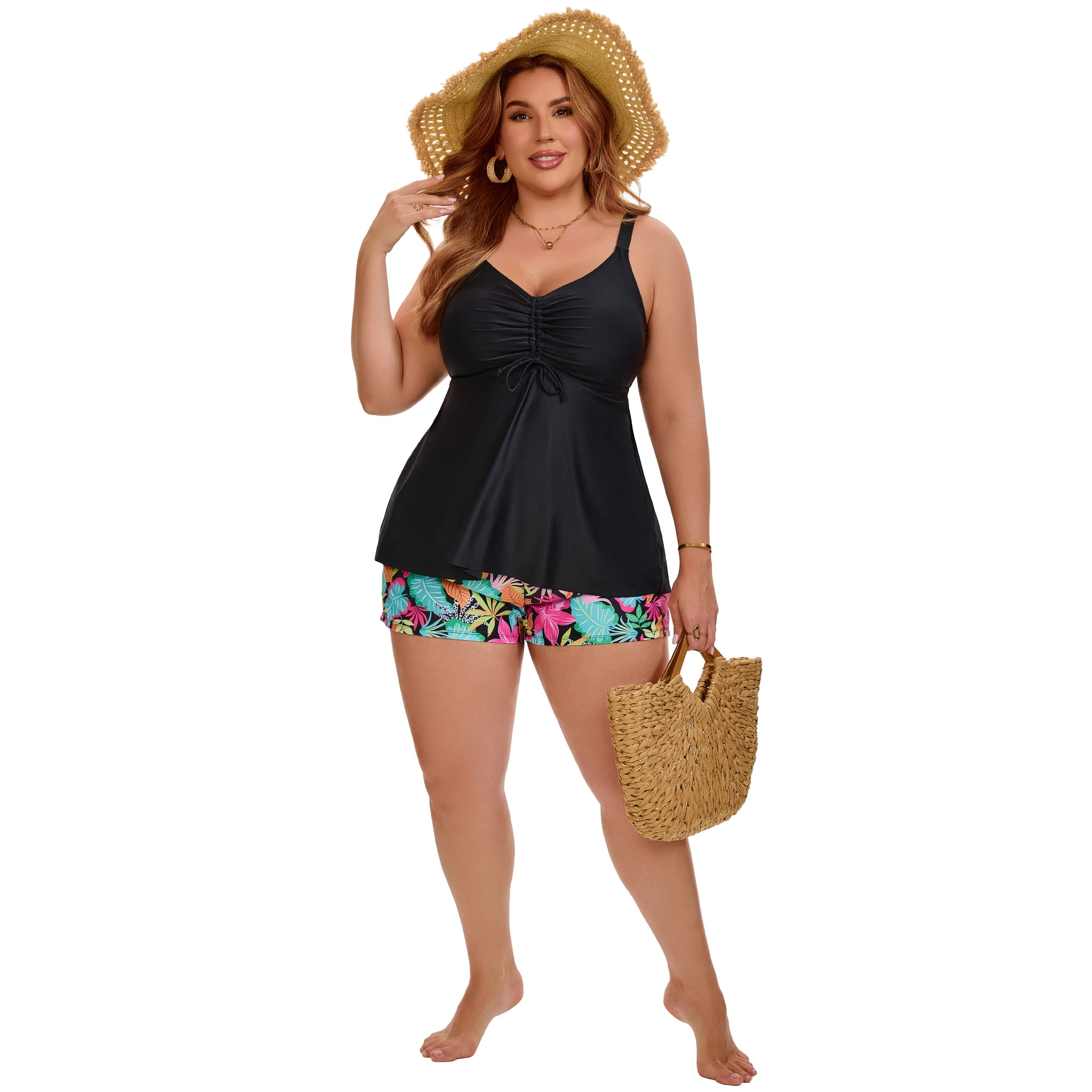 DARING DIVA Women's Plus Two Piece Tankini with Tummy Swimsuit 3X Black