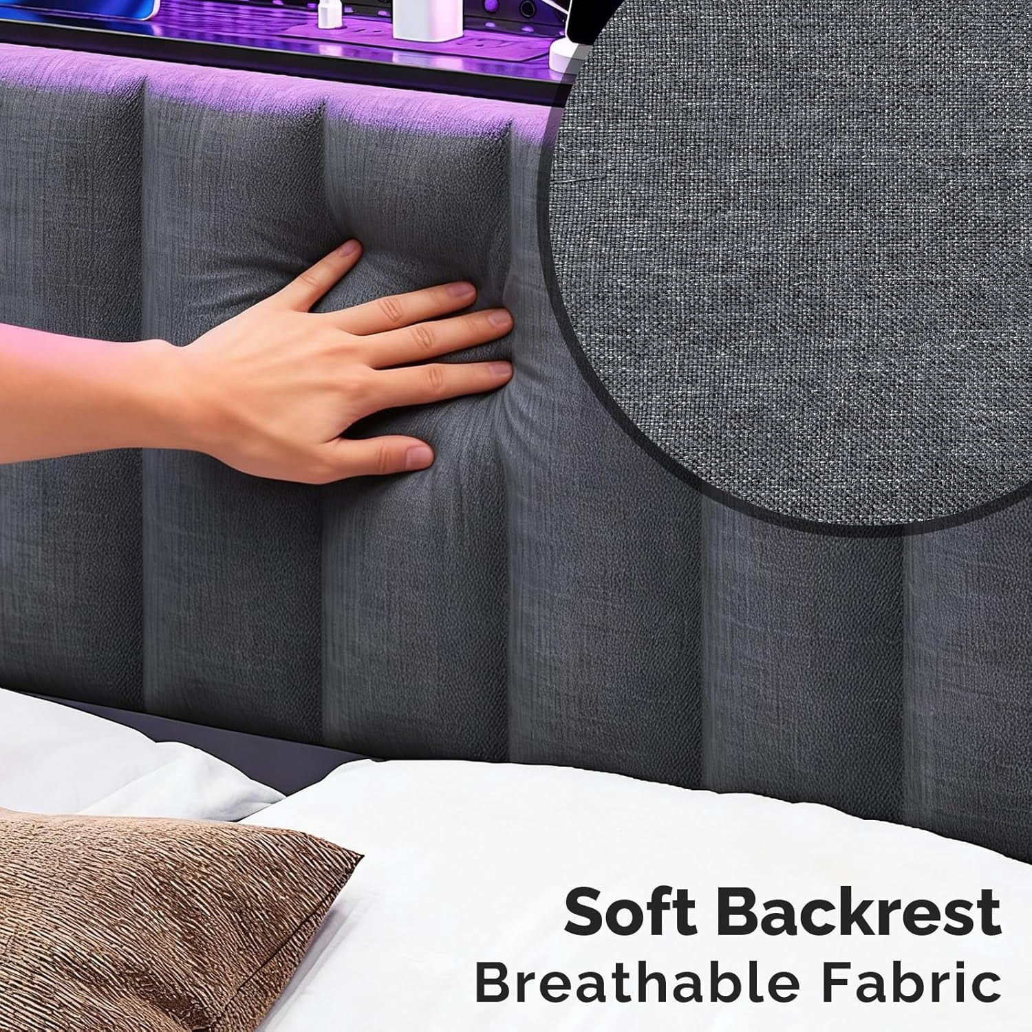 Queen Size Headboard with Storage and LED, Adjustable Upholstered Headboard with 3 Tier Shelves and Pegboard, Modern Bed Headboard with Charging Station for Bedroom Decor, Dark Grey