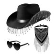 thumbnail image 1 of Rhinestone Tassels Cowboy Costume Western Wide Brim Hat Neck Scarf Sunglasses Set Cosplay Party Costume Accessories 3pcs White, 1 of 4
