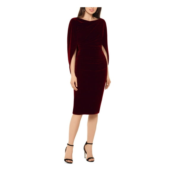 BETSY & ADAM Womens Burgundy Stretch Ruched Zippered Flowy Caped Sleeves Draped Back Boat Neck Knee Length Evening Sheath Dress 2