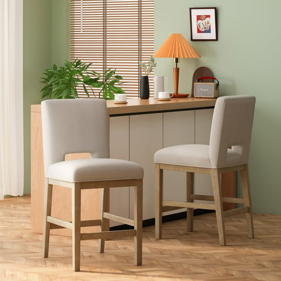 Noble House Elmcrest Fabric Upholstered 27 Inch Counter Stools, Set of 2, Wheat and Weathered Natural