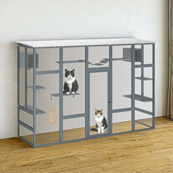 Demi Bonn 104" Wooden Cat House Outdoor Catio Kitty Enclosure with Super Large Enter Door, Cat Cage Condo Playpen with 6 Jumping Platforms, 2 Cat Condos, Gray