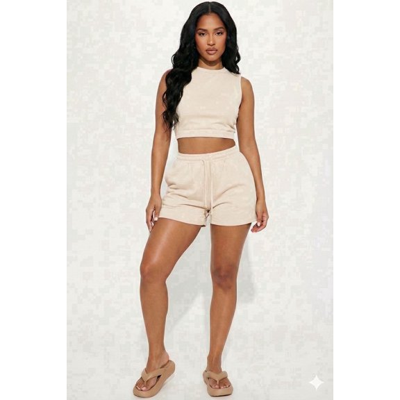Women’s 2‑Piece Lounge Set – Sleeveless Crop Top & High‑Waisted Drawstring Shorts, Casual Summer Matching Outfit