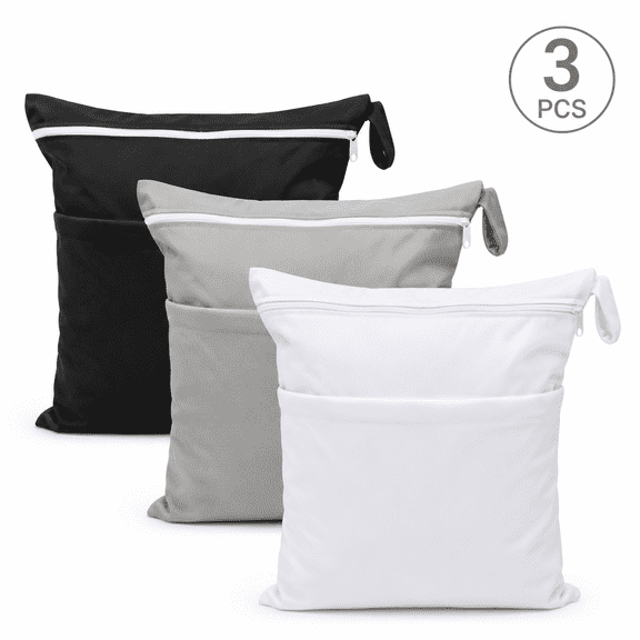Wet Clothes Bag 3 Pack with 2 Pockets, Reusable Waterproof Bags for Beach, Pool, Gym, and Travel, Grey, Black & White
