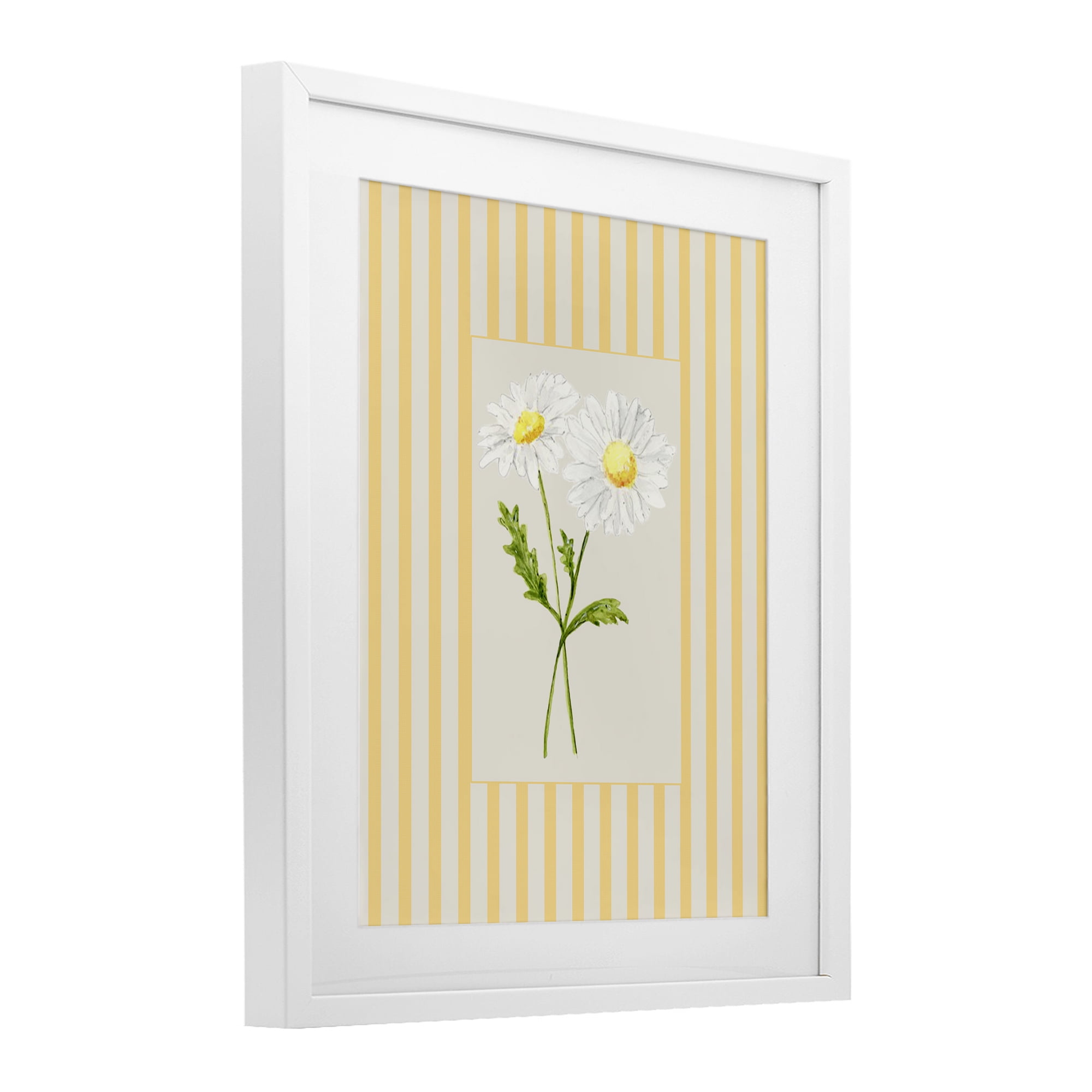 Yellow Stripe Daisy White Framed Print Under Glass, design by Lisa Wehmeyer