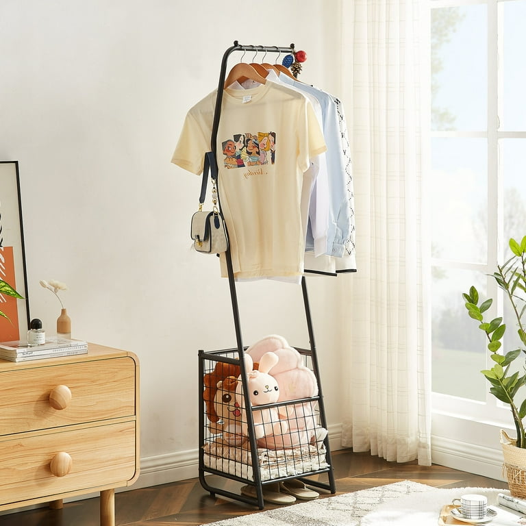 VECELO Coat Rack with Metal Basket, Freestanding Coat Rack with