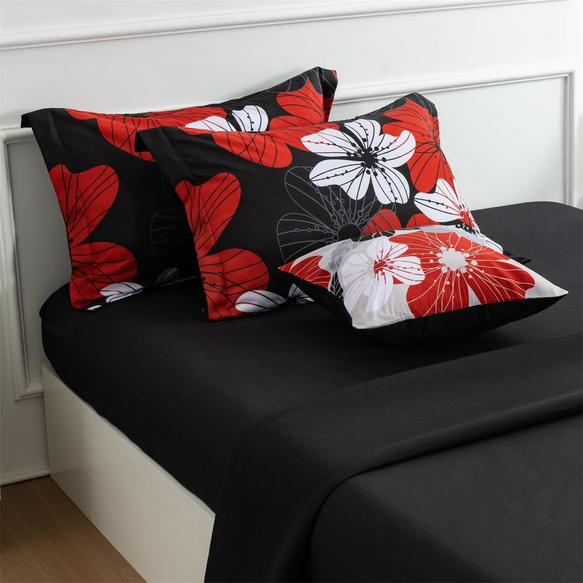 NTBED Floral Comforter Set King 6 PCS Bed in a Bag Red Flowers Printed on Black Botanical Bedding Sets Boho