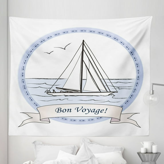 Travel Tapestry, Bon Voyage Journey in Ocean Vintage Travel Card Inspired Print, Fabric Wall Hanging Decor for Bedroom Living Room Dorm, 5 Sizes, Pale Blue White Lilac, by Ambesonne