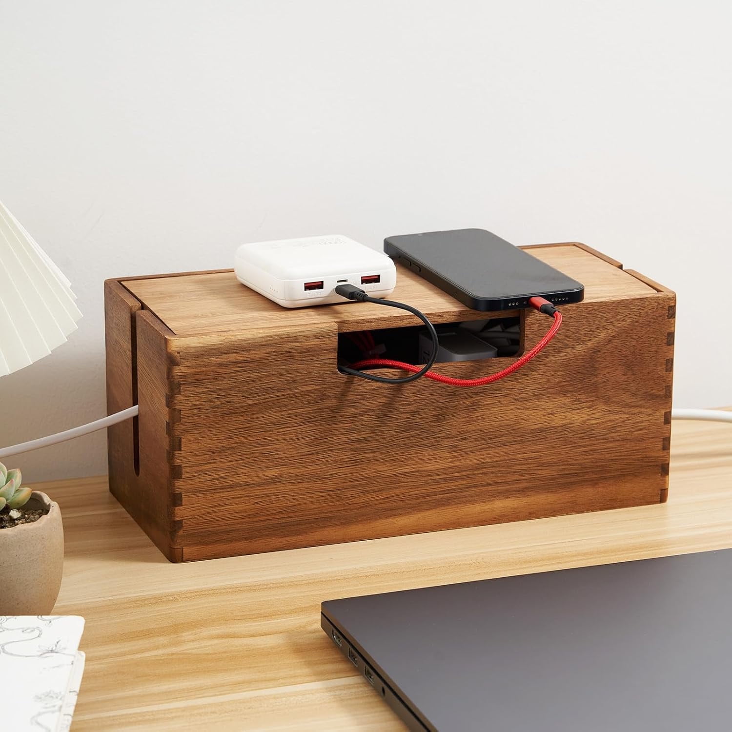 Acacia Wood Cable Management Box, Wooden Cord Hider & Organizer for Power Strip, Electrical Hiding, TV Wires, Desk & Floor Cables
