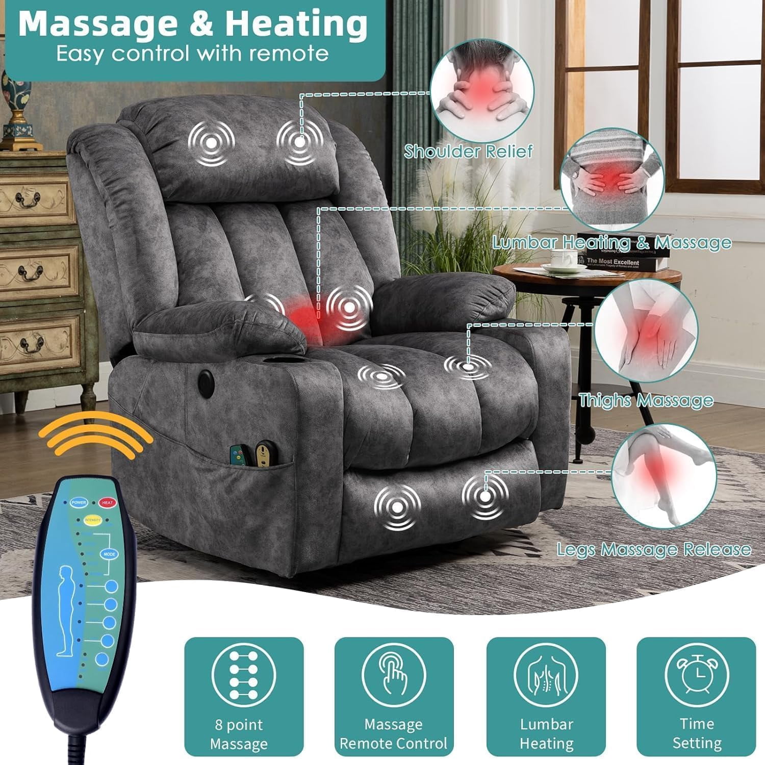 MEETWARM Large Power Lift Electric Recliner Chair with Extended Footrest for Elderly Big Man, Overstuffed Wide Recliner with Massage and Heat, 2 Remote Controls/USB Ports/4 Side Pockets(Grey)