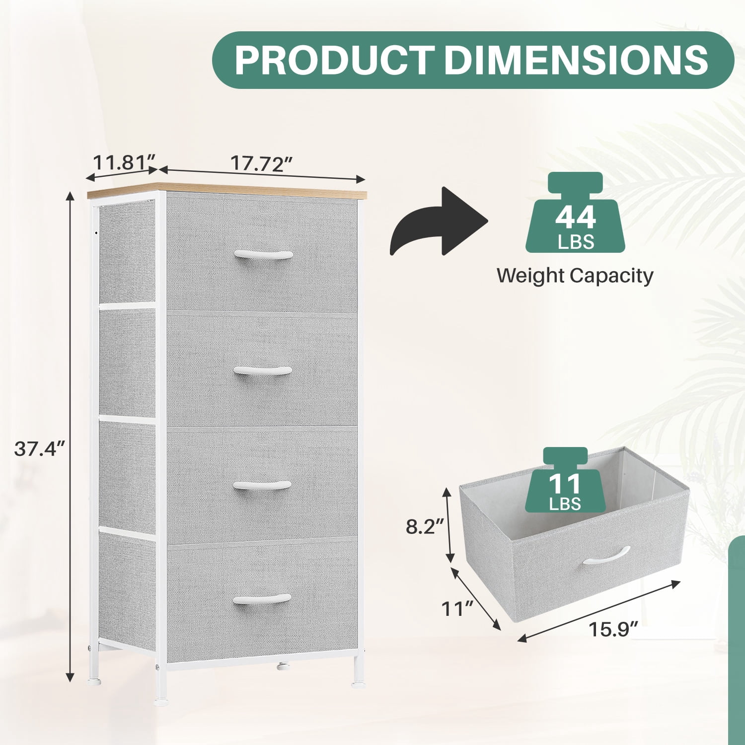 Beddle Dresser with 4 Fabric Drawers for Bedroom, Wide Storage Chest with Drawer Organizer for Closet or Living Room, Light Gray